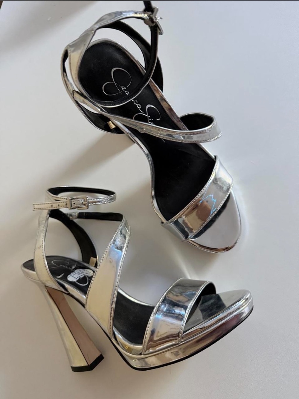 Jessica Simpson Mirrored Silver Strappy Block Heel Sandals